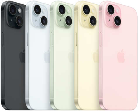 iPhone 15, back view showing advanced camera system and color-infused glass in all finishes: Black, Blue, Green, Yellow, Pink.